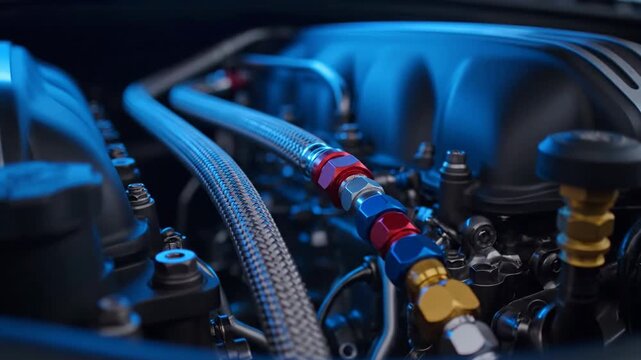 Close-up tracking shot of braided stainless steel fuel lines on a V12 engine with AN fittings