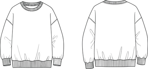 Crewneck sweatshirt flat sketch, front and back view, ribbed cuffs and hem, unisex casual fleece apparel design template for fashion industry © Hello World