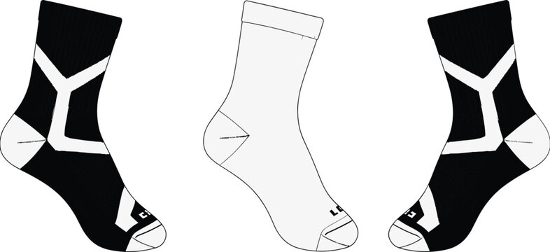 Cycling socks technical CAD flat illustration front and side views, apparel design template for sport performance socks, footwear garment specification layout