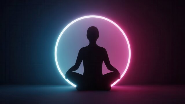 A serene individual in a meditative pose surrounded by a vibrant dual-tone neon light circle