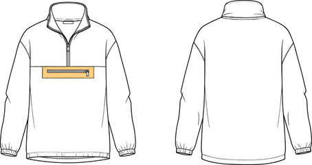 Half-zip pullover flat sketch, front and back view with chest zipper pocket, casual unisex outerwear apparel design template for fashion industry © Hello World