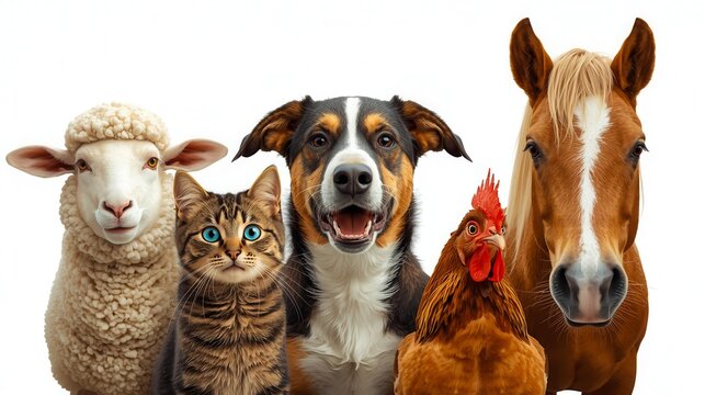 Sheep, tabby cat, tricolor dog, brown chicken, and chestnut horse standing side by side on white background.
