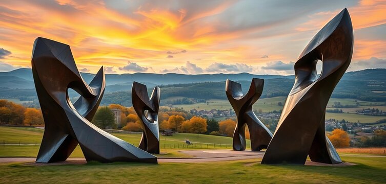 Modern abstract bronze sculptures in Romanian landscape,   art installation,  installation