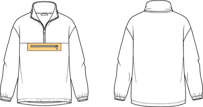 Half-zip pullover flat sketch, front and back view with chest zipper pocket, casual unisex outerwear apparel design template for fashion industry