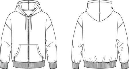 Hoodie sweatshirt CAD flat sketch, front and back view, apparel design template, zip up hoodie with kangaroo pocket, fashion technical drawing © Hello World