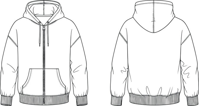 Hoodie sweatshirt CAD flat sketch, front and back view, apparel design template, zip up hoodie with kangaroo pocket, fashion technical drawing
