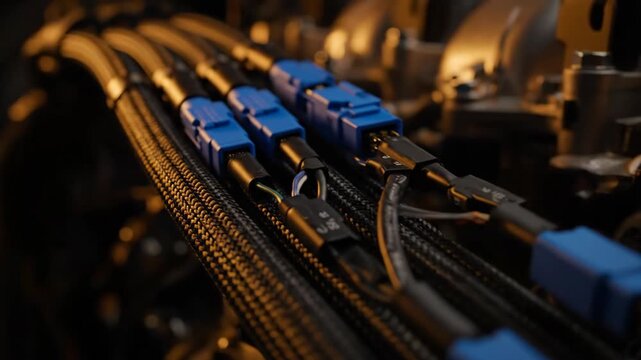 Close-up Tracking Shot of V12 Engine Wiring Harness with Deutsch Connectors