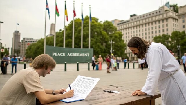 A man signs a peace agreement in a public square while a figure resembling Jesus Christ watches. Symbolic act of faith and commitment to global harmony. Religion and social activism concept