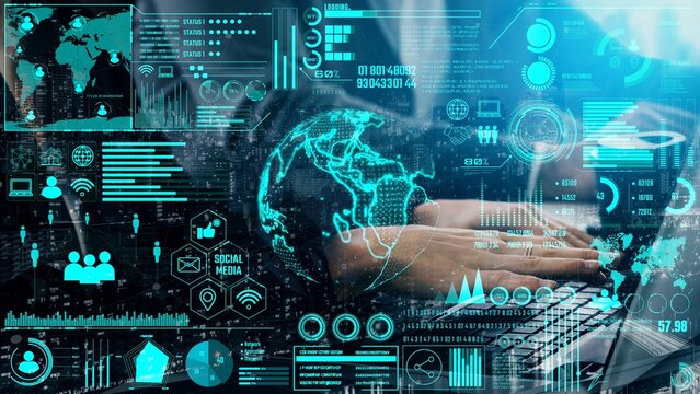 Data center monitoring dashboard visualize network performance, connection status, usage rate, and telecommunication insight. Data center monitoring efficiency improvement network transparency. Thunk