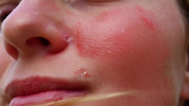 Closeup look at sunburned skin texture on female face with natural light revealing details and subtle movement