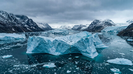 Icebergs Floating in Arctic Water with Mountains