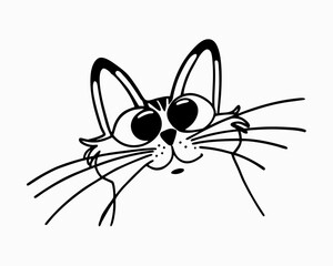 Funny black and white line drawing of a cute cat face with big expressive eyes and whiskers. Perfect for stickers, emojis, pet branding, children&rsquo;s designs, coloring pages, and social media graphics.