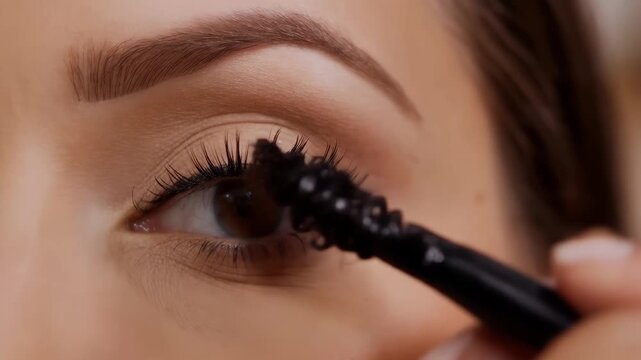 Closeup of mascara brush applying makeup on long eyelashes of woman with smooth skin and brown eyes in a bright setting showcasing beauty techniques
