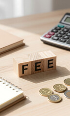 wooden desk features stacked wooden blocks bearing letter positioned alongside calculator notebook scattered coins amidst