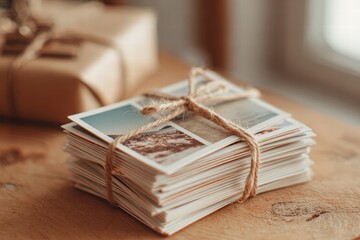 stack of polaroid photos tied with ribbon, nostalgic vibe, warm film tones