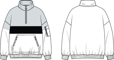 Sporty half-zip pullover mockup, technical streetwear fleece design, front and back flats, utility pocket details, cozy winter apparel illustration © Hello World