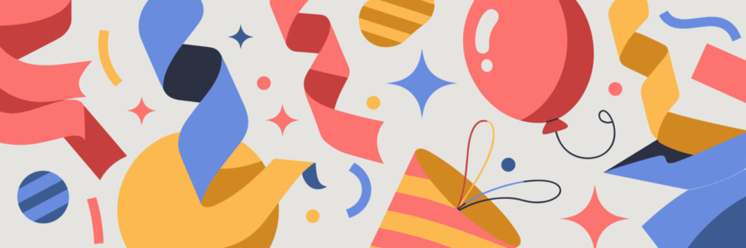 Vibrant party confetti and balloon illustration - Great for backdrop patterns, festive website headers, or celebration announcements.