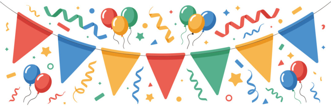 Colorful festival bunting and balloon vector set - Perfect for outdoor fair promotions, street festival flyers, or school events.