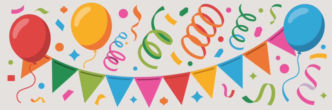 Vibrant carnival party elements with streamers and flags - Suitable for summer bash invitations, parade posters, or festive decor.