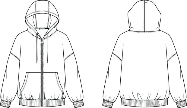 Technical fashion flats of unisex zip hoodie with drawstring hood, kangaroo pocket, rib cuffs and hem, front and back view illustration