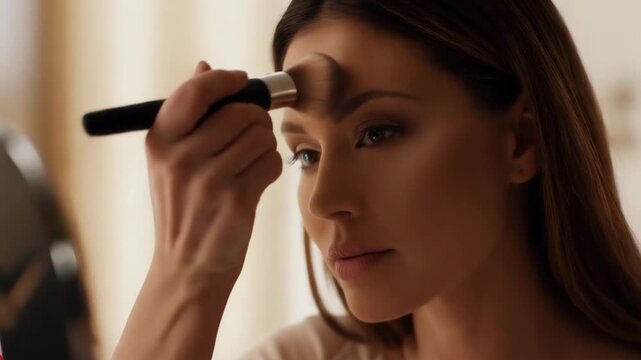 Closeup of woman applying brush for makeup on her face to enhance natural beauty and get a smooth complexion in a well-lit room during daytime