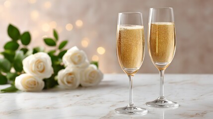 Champagne flutes filled with sparkling wine sit on a table beside white roses and soft lights