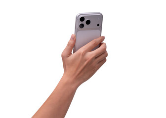 Rear view of hand holding smartphone mockup isolated on transparent background. Back side of mobile phone mockup for copy space.