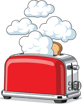 Cartoon toaster with slice of toast and steam vapor clouds vector illustration breakfast concept