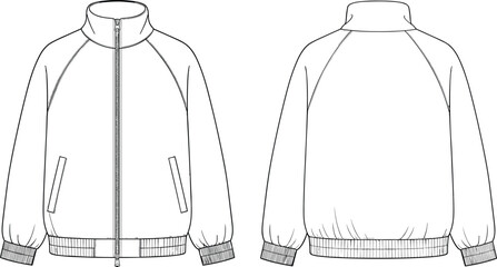 Technical illustration of unisex zip-up track jacket front and back view, raglan sleeves, ribbed cuffs and hem, fashion flat sketch, vector template © Hello World