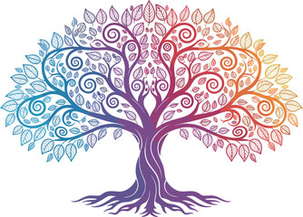 Obraz premium Vibrant rainbow colored decorative tree of life illustration with swirling branches and colorful leaves on a white background,