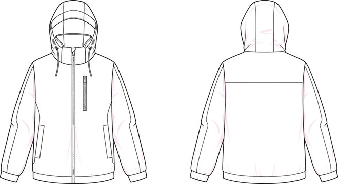 Technical hooded winter jacket flat sketch, front and back view, zipper pockets and seams, apparel design template for outdoor fashion industry