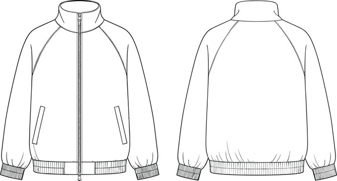 Technical illustration of unisex zip-up track jacket front and back view, raglan sleeves, ribbed cuffs and hem, fashion flat sketch, vector template