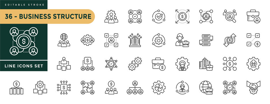 A collection of Business Structure icons set with editable stroke. Thin linear vector illustration