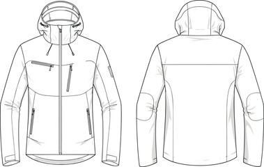 Technical outdoor jacket illustration, hooded softshell apparel flat drawing, front and back view, waterproof zipper pockets, fashion design vector template © Hello World