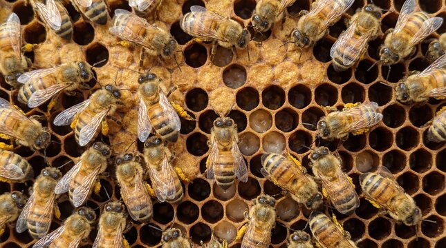 Close up view of busy honey bees tending to the honeycomb structure showcasing pollen baskets and larvae development within the apiary
