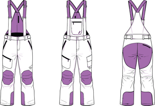 Technical snow bib pants flat sketch, front side and back view, reinforced panels and pockets, winter ski outerwear apparel design template illustration