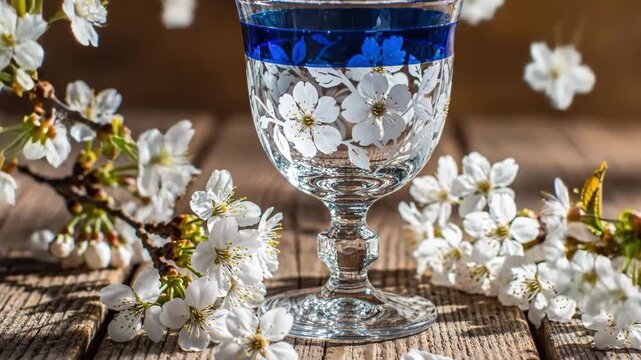 Glass goblet with blue liquid and white flowers on a wooden surface