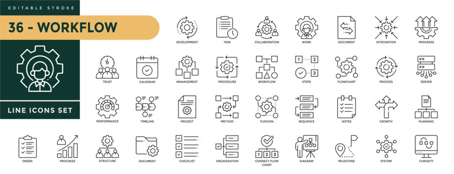 A collection of Workflow icons set with editable stroke, including development, task, collaborate, work, integration, progress, server, curocity, organization, steps. Thin linear vector illustration.