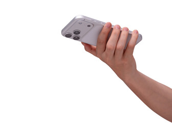 Rear view of hand holding smartphone mockup isolated on transparent background. Back side of mobile...