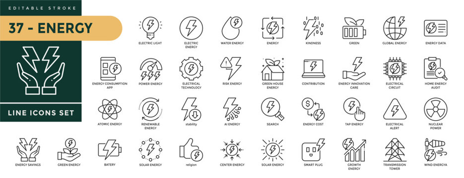 A collection of Energy icons set with editable stroke, including electric light, water, green, global, data, technology, ai, solar, batery, smart plug, tranmission. Thin linear vector illustration.