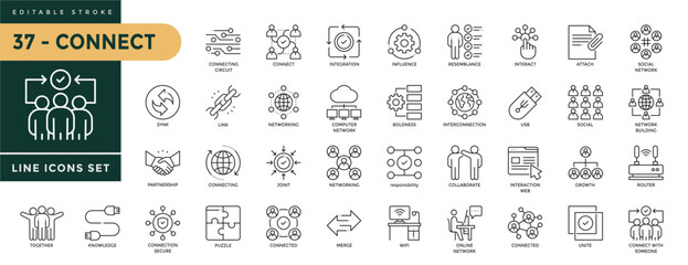 A collection of Connect icons set with editable stroke, including integration, collaboration, interaction, merge, and puzzle. Thin linear vector illustration © Trisula Icons