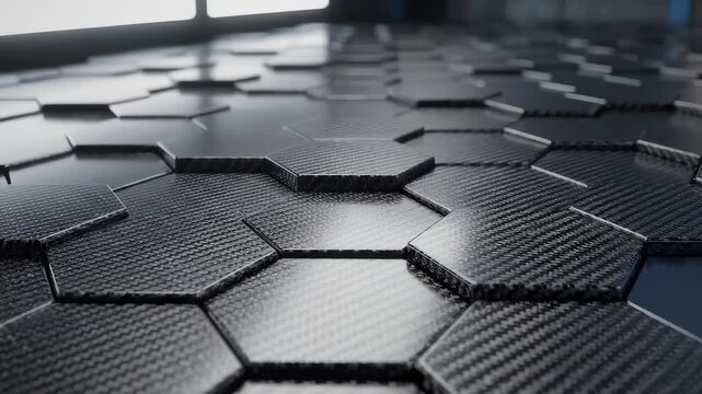 Camera Moves Over Hexagon Carbon Floor Tile Abstract Background