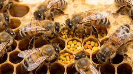 Close up view of several honey bees gathered around honeycomb cells packed tightly with colorful bee bread pollen grains inside the hive structure