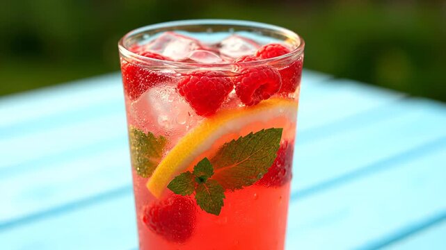Refreshing raspberry lemonade with lemon, mint, and ice cubes on a blue wooden table. Pouring sparkling water into the glass