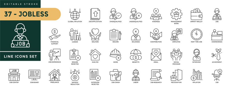 A collection of Jobless icons set with editable stroke, including global inflation, job application, overqualified, kindness, management work, resume, boldness, emplye. Thin linear vector illustration