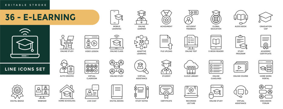 A collection of E-Learning icons set with editable stroke, including mobile learning, achievment, student feedback, global education, audio book, graduation cap, etc. Thin linear vector illustration