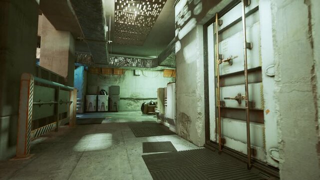 dim greenlit maintenance corridor, potted plant. Worn concrete shelves and grid ceiling casting speckled light, scattered crates and rusty pipes, lone toolbox