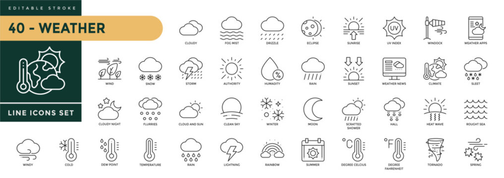 A collection of Weather icons set with editable stroke, including rain, snow, sun,  winter, spring, humidity, summer, cloudy and rainy season, etc. Thin linear vector illustration