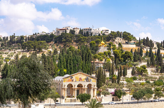 The Church of All Nations , the Church of Mary Magdalene and Dominus Flevit Church on the Mount of Olives in Jerusalem, Israel 