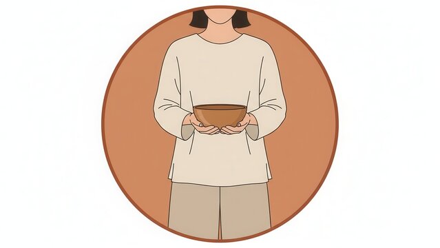 Minimalist illustration of a person gently holding an empty offering bowl in a warm circular frame